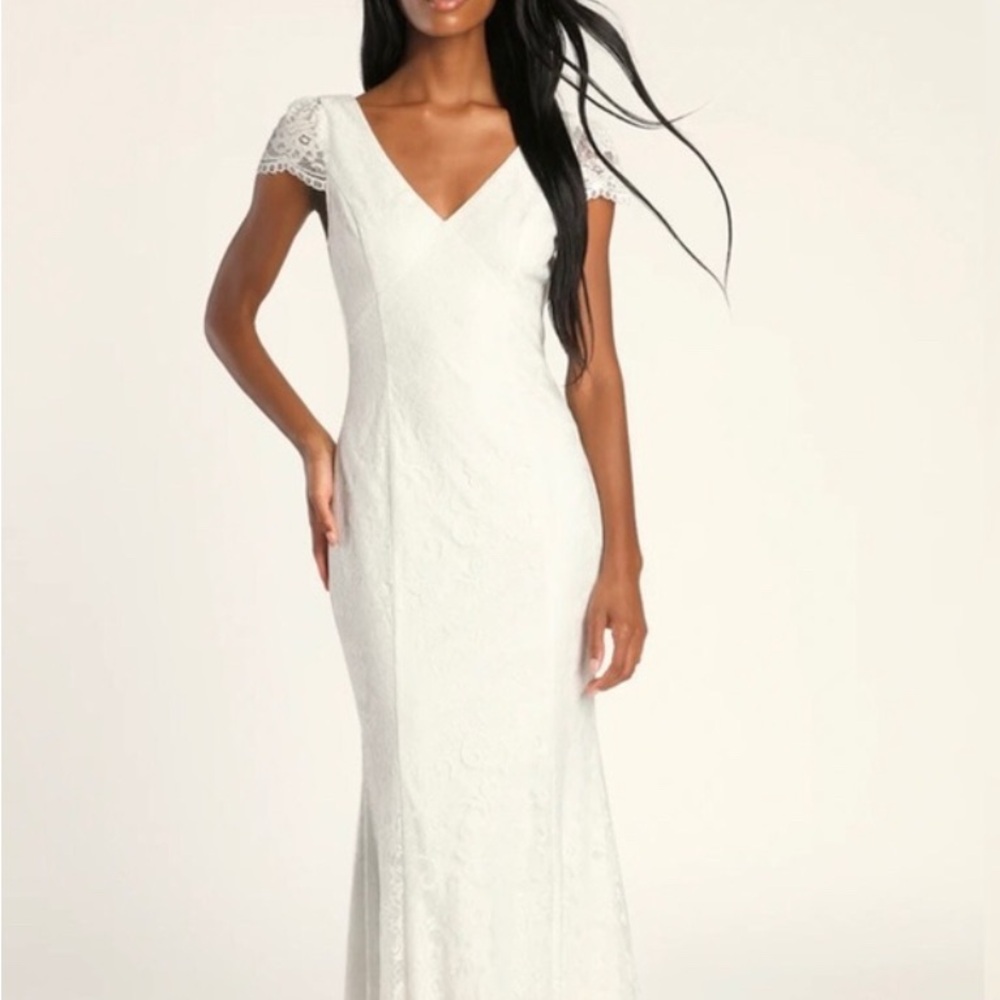 Cherish Your Love White Lace Cap Sleeve Mermaid Maxi Dress